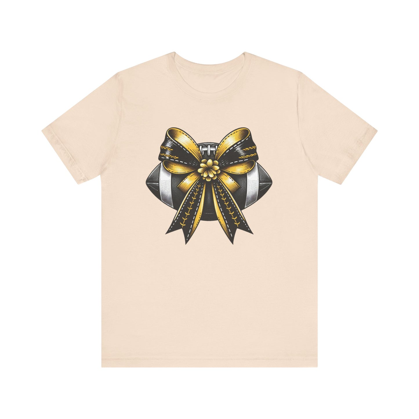 Football Bow Unisex Tee | Sporty Style Tee, Game Day T-Shirt, Casual Wear, Athletic Gift, Fan Apparel, Black and Gold, Saints