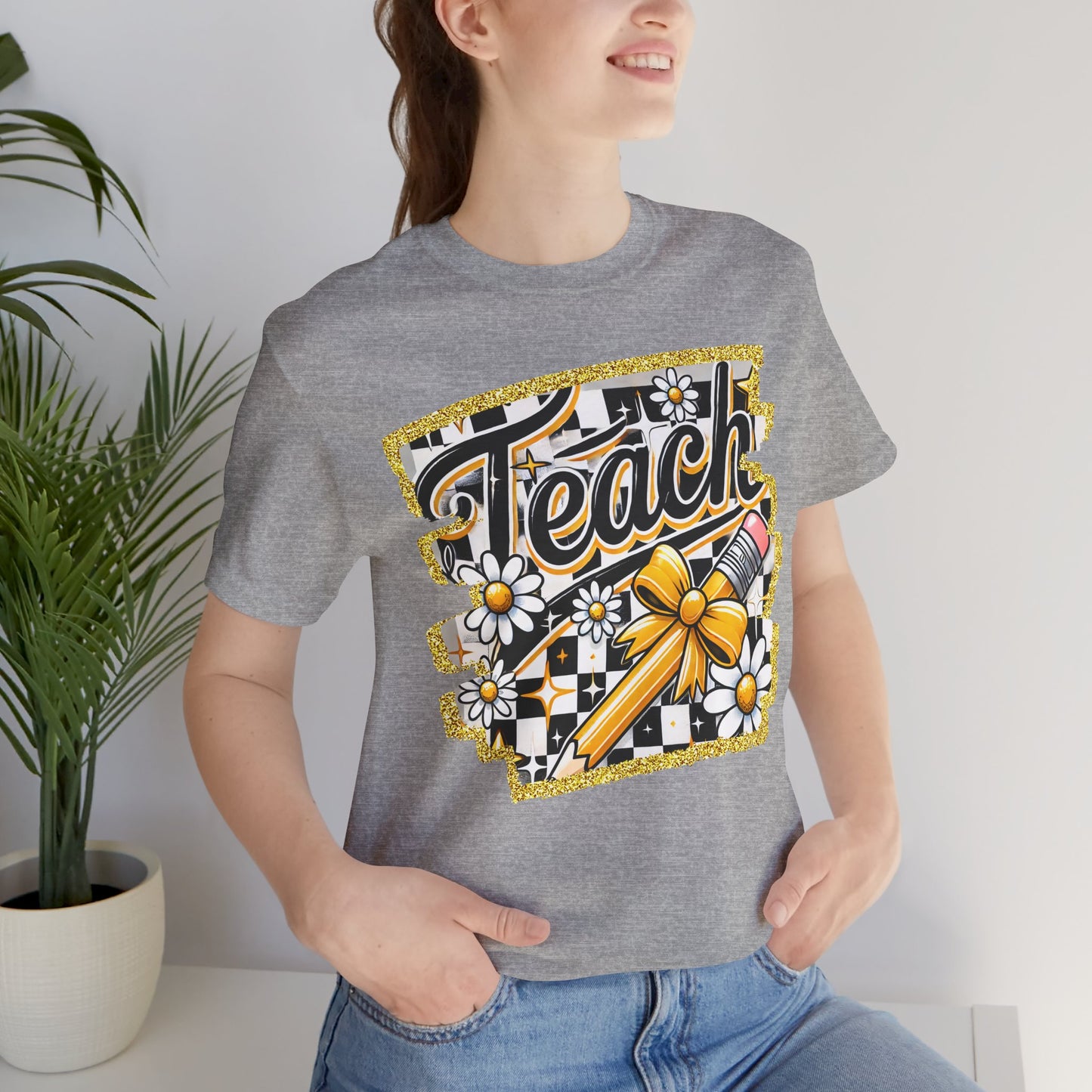 Funky Teacher Tshirt, Unisex, Bella Canvas, Back to school, apple, Black and White Checkboard