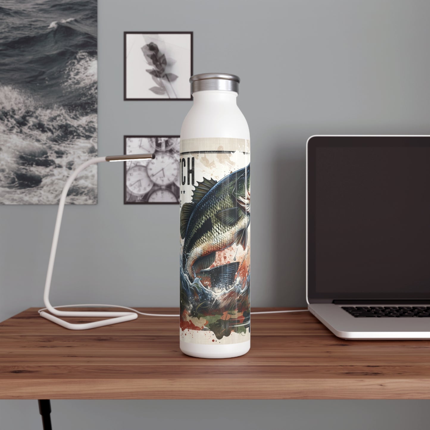 Fishing Slim Water Bottle, Outdoor Hydration, Catch and Release Design, Gift for Anglers, Eco-friendly Water Bottle, Sports Water Bottle