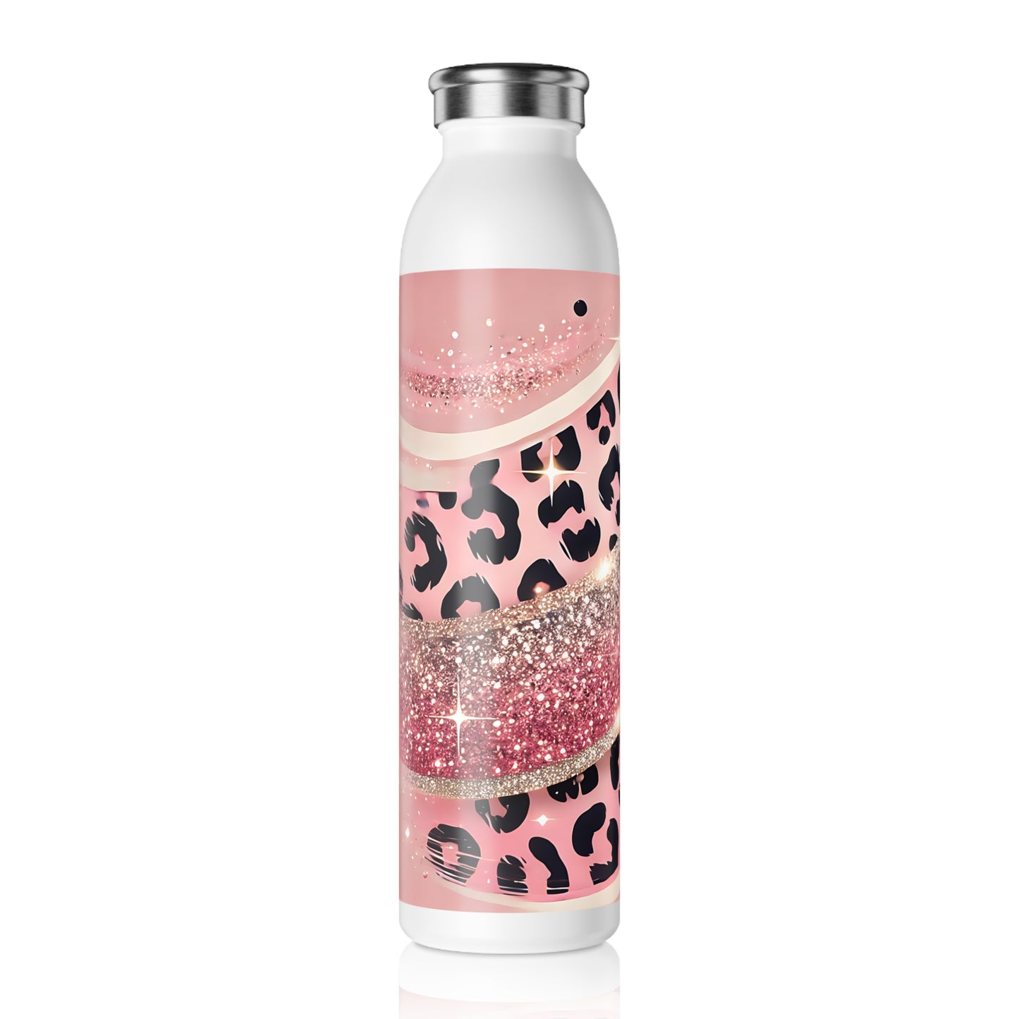 Pink Glitter Leopard Slim Water Bottle, Trendy Stainless Steel, Reusable Drink Container, Great for Gym, School, Office
