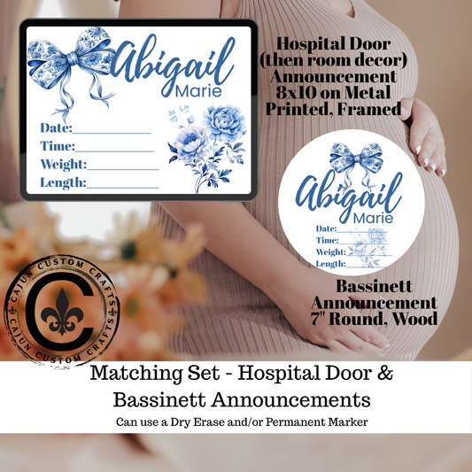 Baby Girl, blue antique floral, Birth Announcement, door hanger, table frame, bassinet display