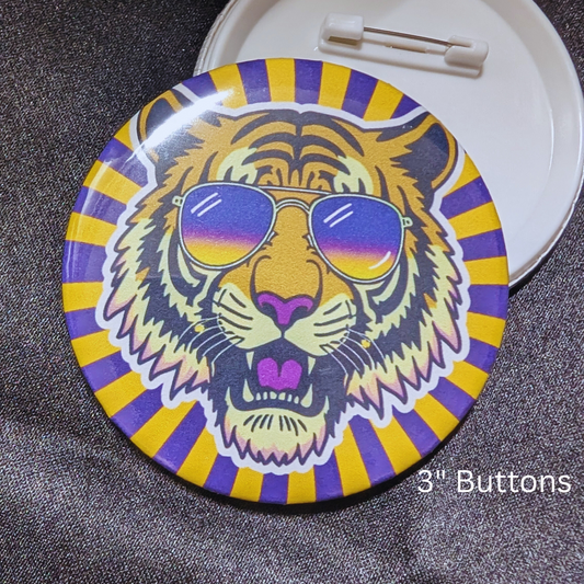 Cool Tiger with sunglasses, retro, purple and gold  3" Buttons, Pin
