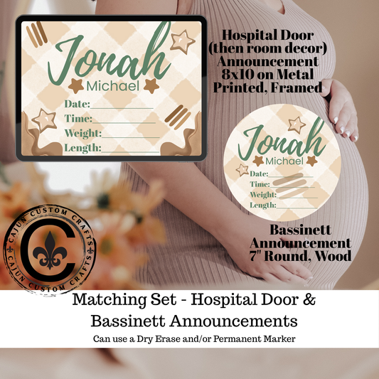 Baby Boy, Green and Brown, Birth Announcement, door hanger, table frame, bassinet display