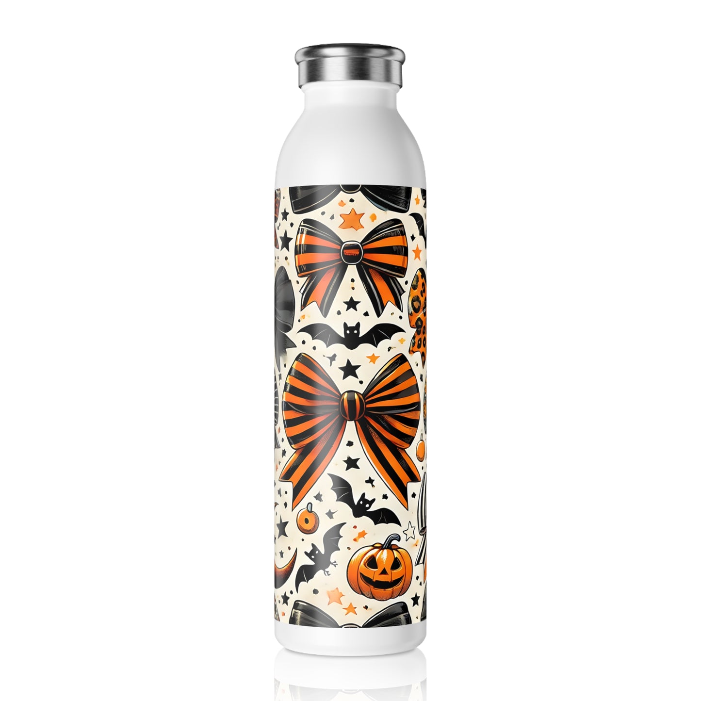 Halloween Slim Water Bottle, Trick or Treat, Fitness Hydration, Eco-Friendly Gift, Party Favor, Cute Pumpkin and Bow Design