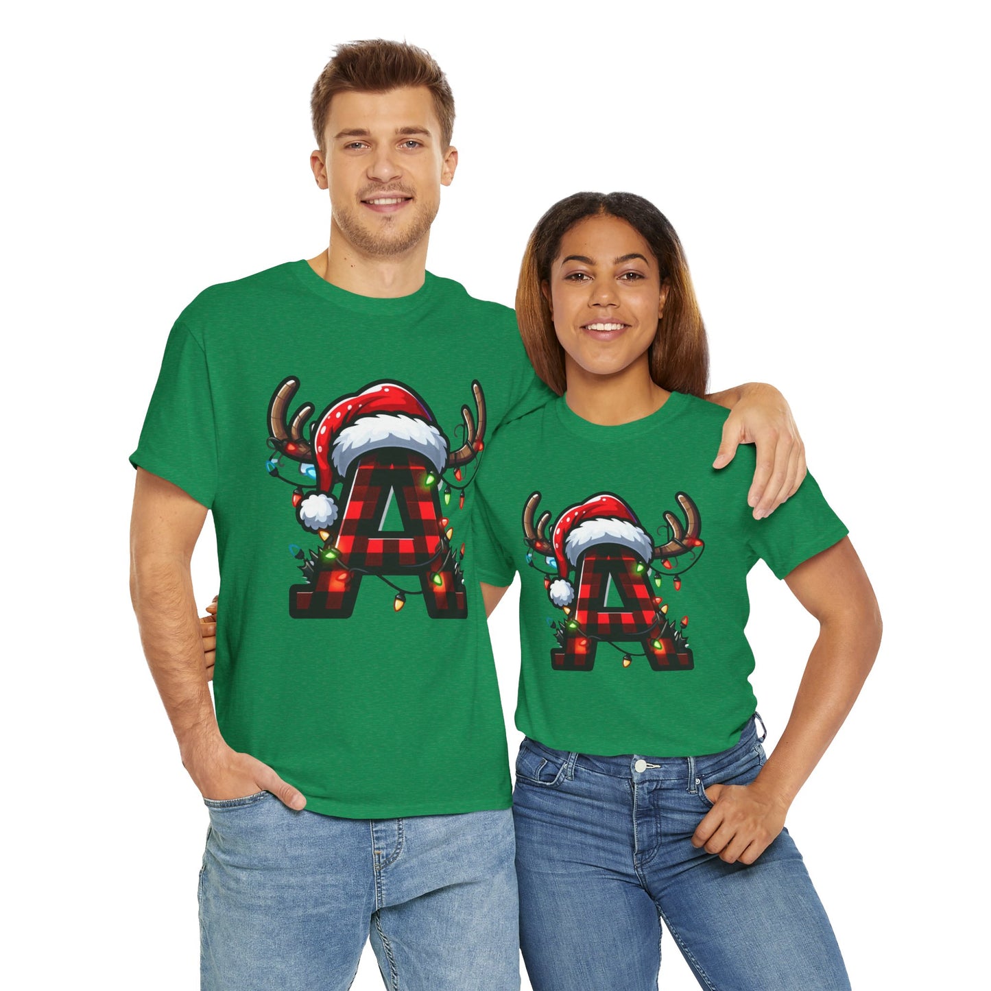 Festive Reindeer Initial A Tee, Unisex Holiday T-Shirt, Christmas Gift, Personalized Apparel, Cozy Winter Wear, Merry & Bright