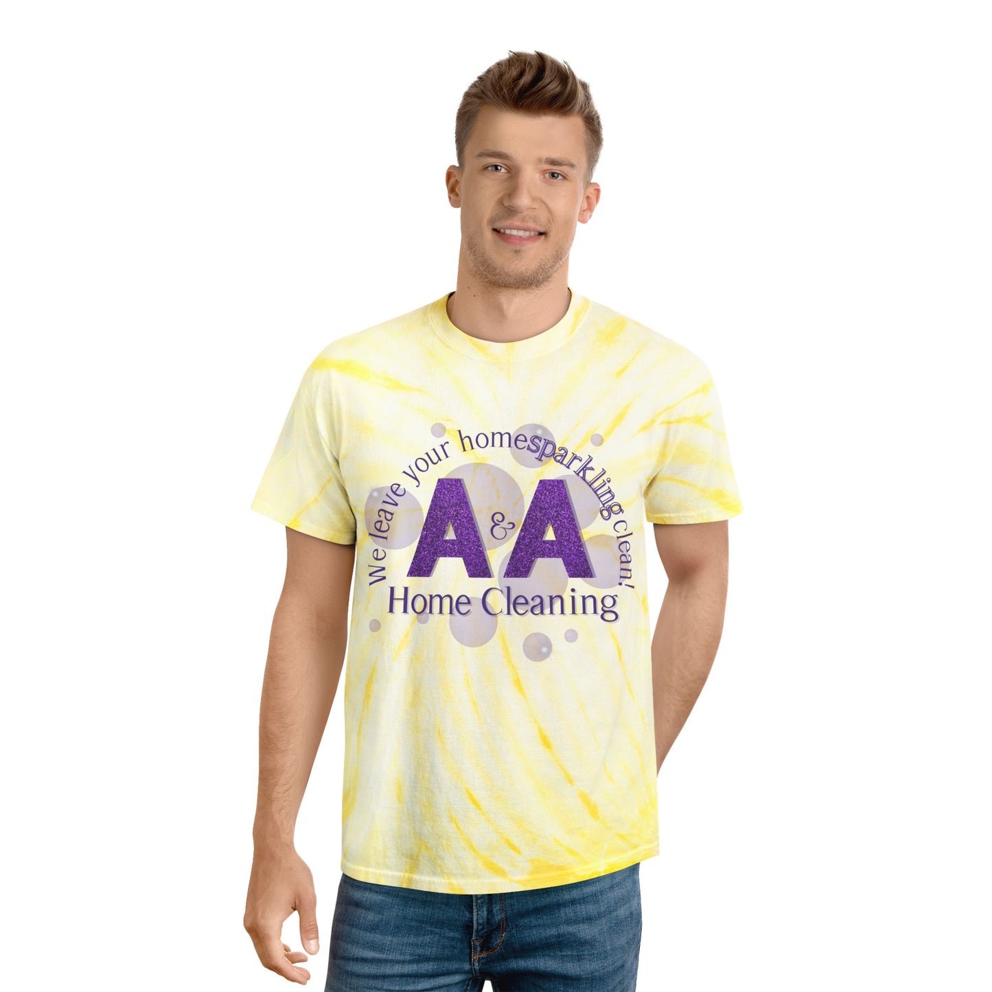 A&A, Purple logo on a yellow tie dye crew neck, gildan