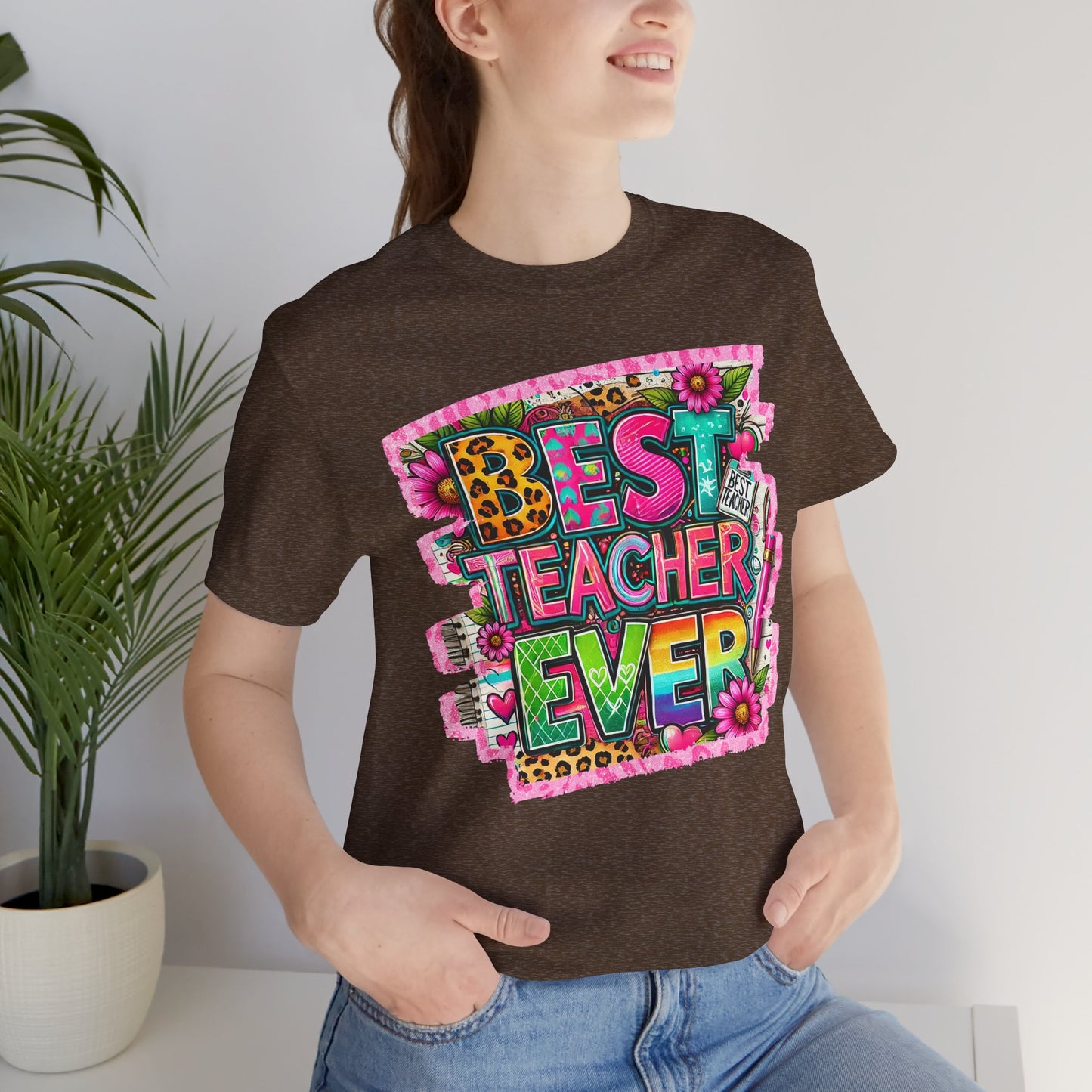 Funky Best Teacher Ever Tshirt, Unisex, Bella Canvas, Back to school, apple, animal print, neons