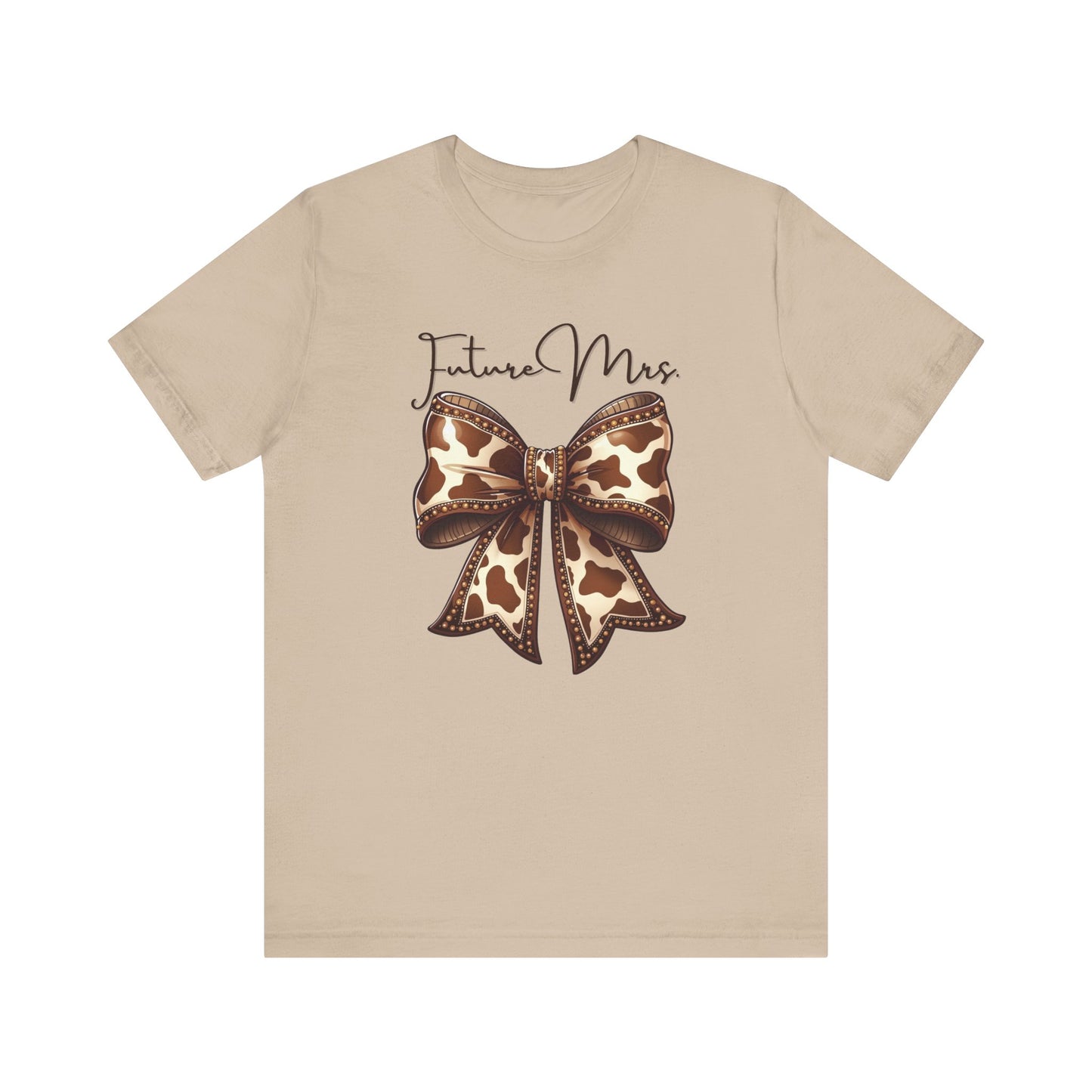 Personalized Future Mrs. Bride Cow Print Bow Short Sleeve Tee, Casual Top, Western Style Shirt, Country Chic T-Shirt, Birthday Gift, Everyday Wear