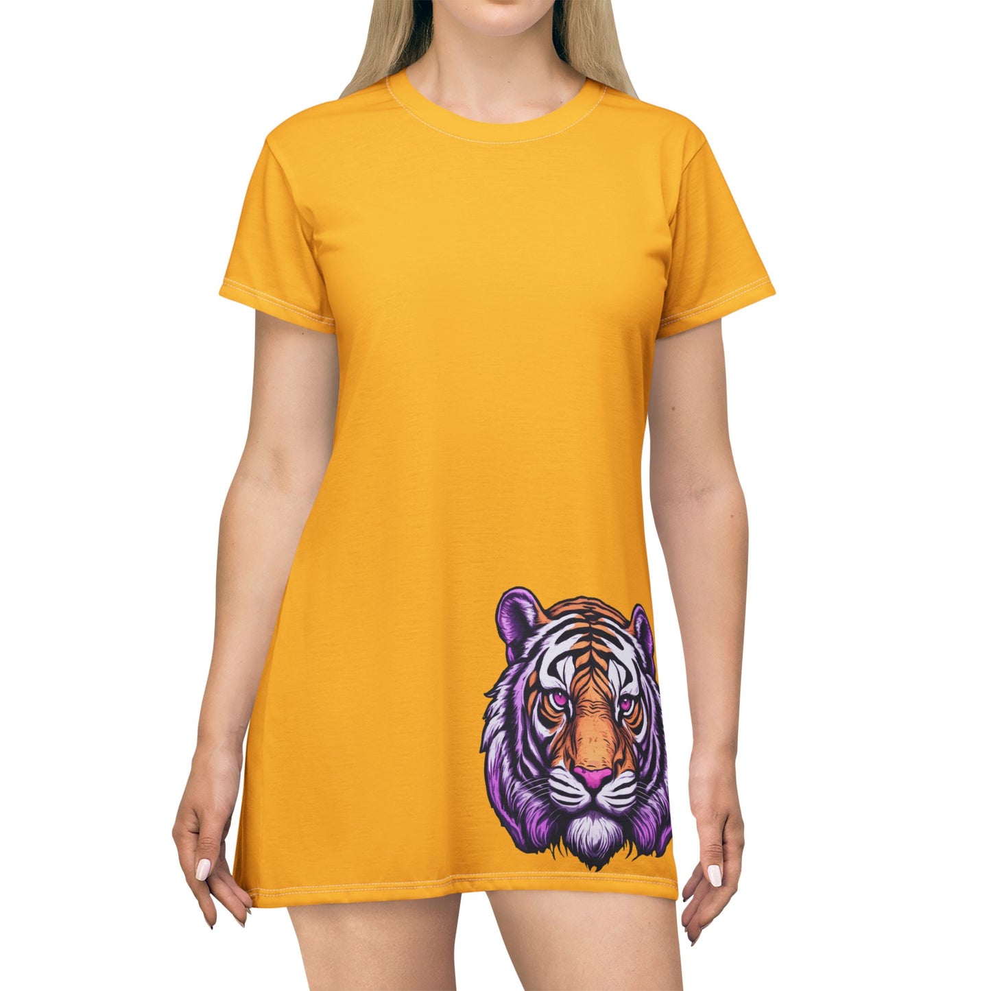 Yellow Tiger Graphic T-Shirt Dress, Cute Casual Dress,  Summer Fashion, Gift for Her, Game Day Outfit