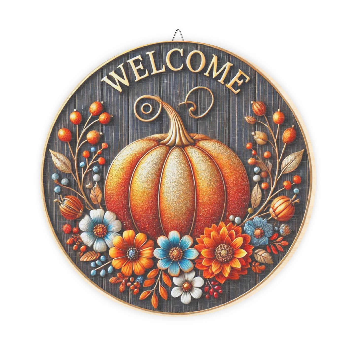 Fall, Welcome Wooden door sign, home decor, entry way, mantle decor, 3d looking pumpkin and flowers