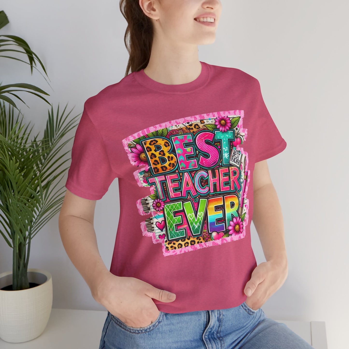 Funky  Best Teacher Ever Tshirt, Unisex, Bella Canvas, Back to school, apple, animal print, neons