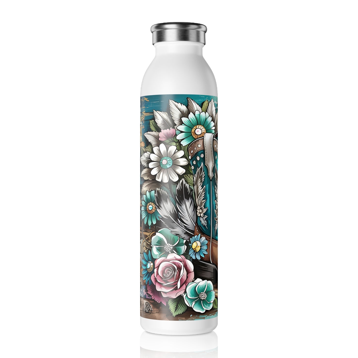 Floral Cowboy Slim Water Bottle - Western Decor, Eco-Friendly Hydration, Gift for Cowgirls, Outdoor Adventures, Unique Gym Bottle