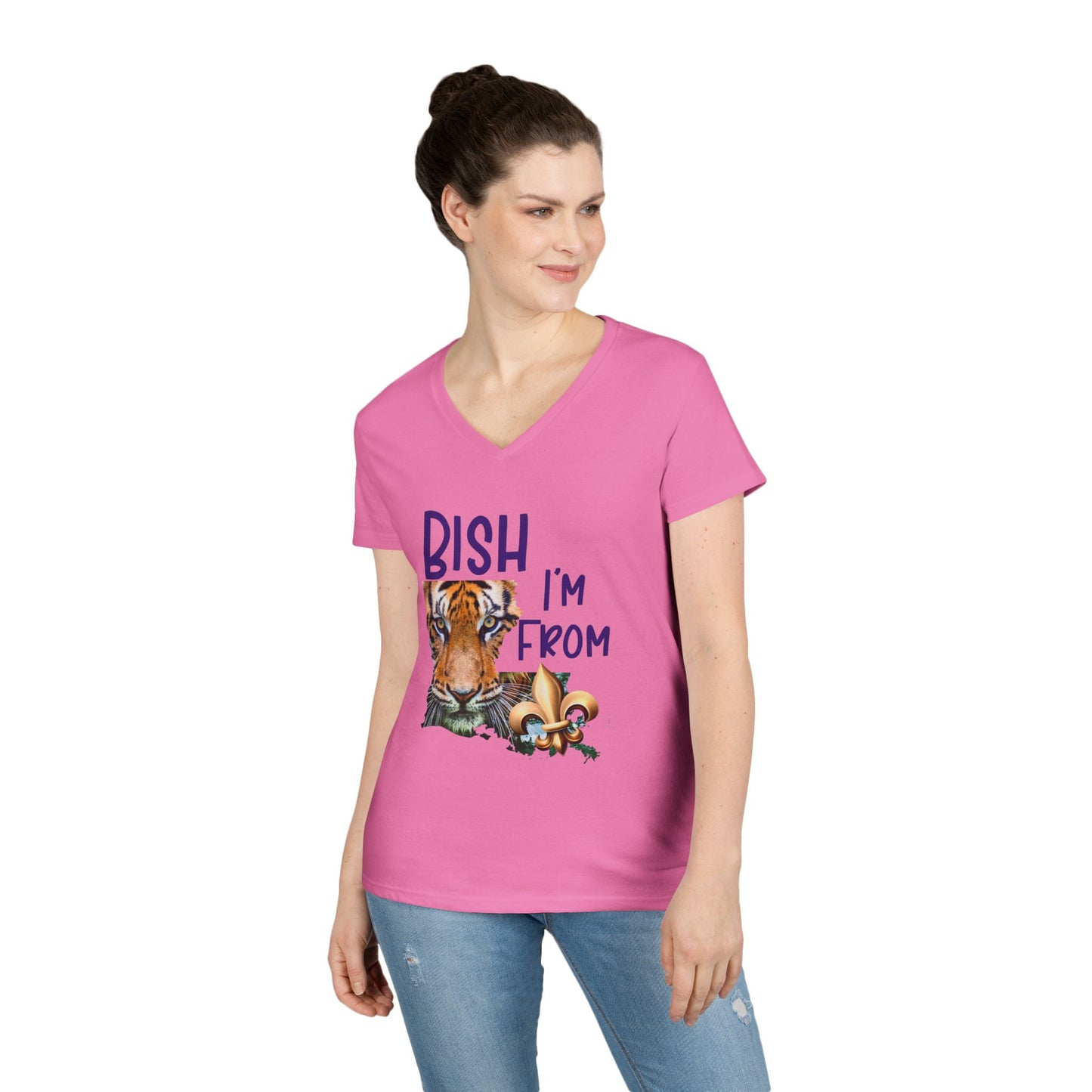 Vibrant Graphic Tee, Ladies' V-Neck T-Shirt, Fun Casual Wear, Perfect for Gifts, Everyday Style, BISH I'M FROM Louisiana