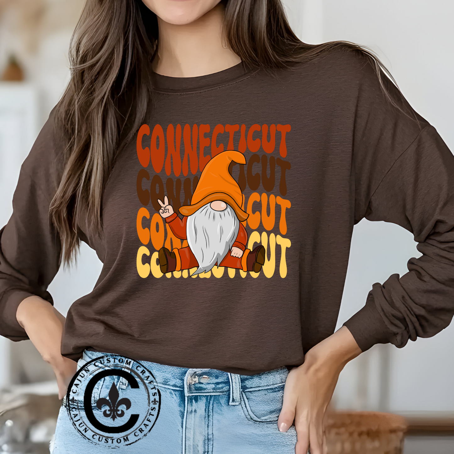 Retro Stacked Connecticut, Gnome, Peace, Fall, Bella Canvas, unisex long sleeve