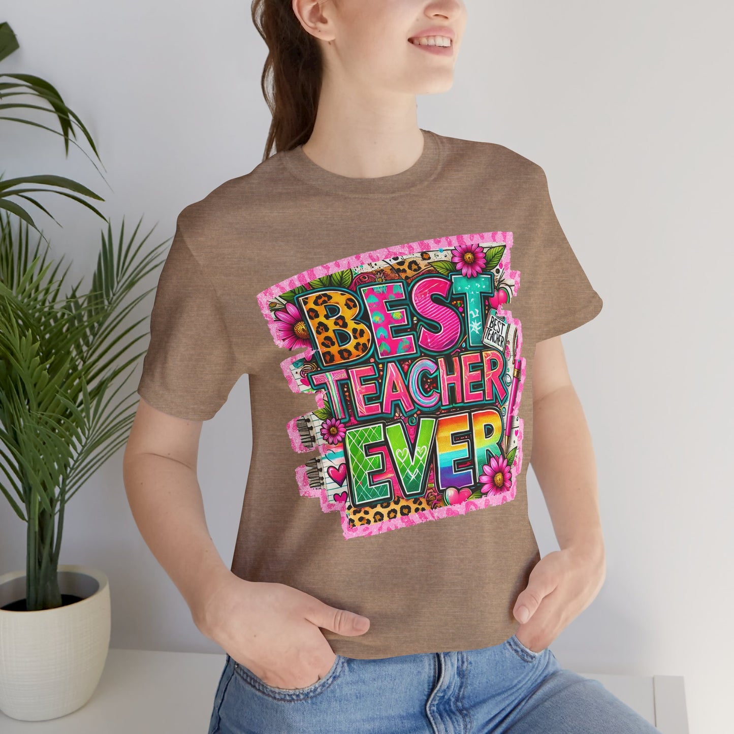 Funky  Best Teacher Ever Tshirt, Unisex, Bella Canvas, Back to school, apple, animal print, neons