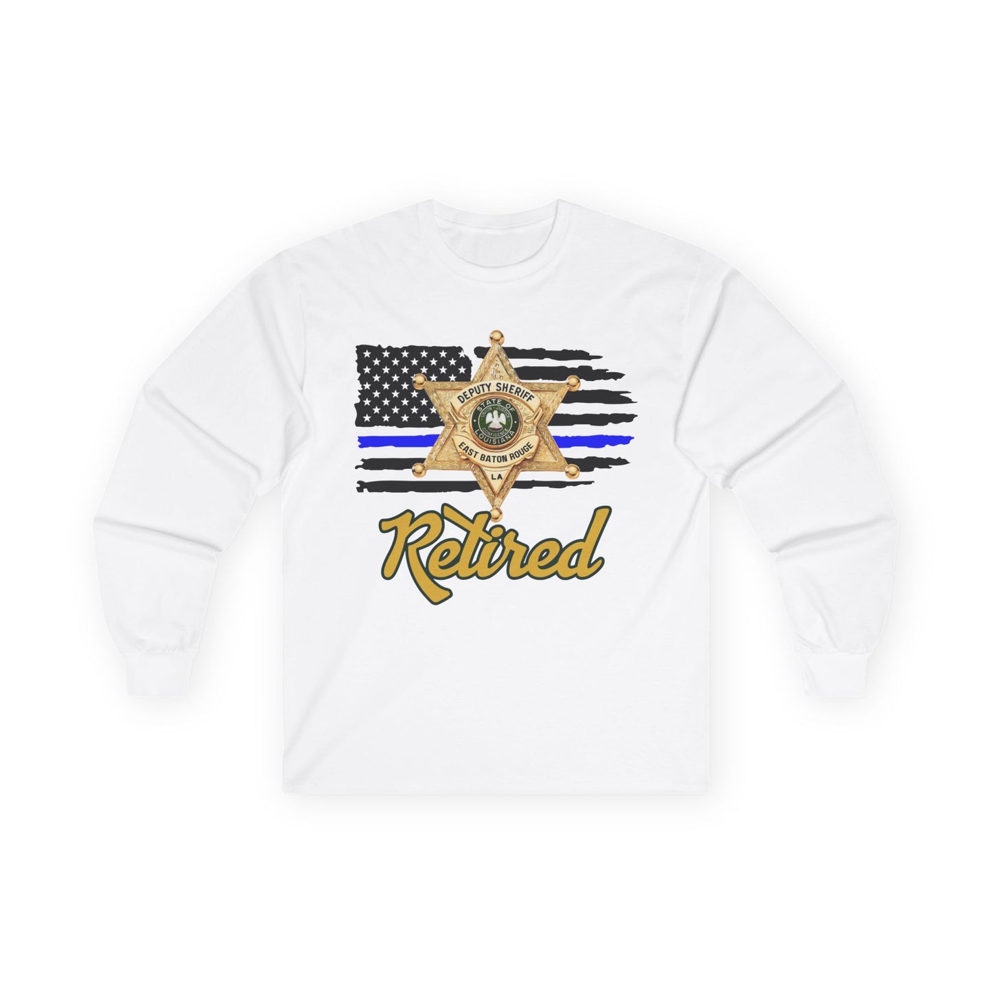 Retired Law Enforcement Long Sleeve Tee, Unisex Police Tribute Shirt, Gift for Retiring Officer, Flag and Badge Design, Comfy Everyday Wear