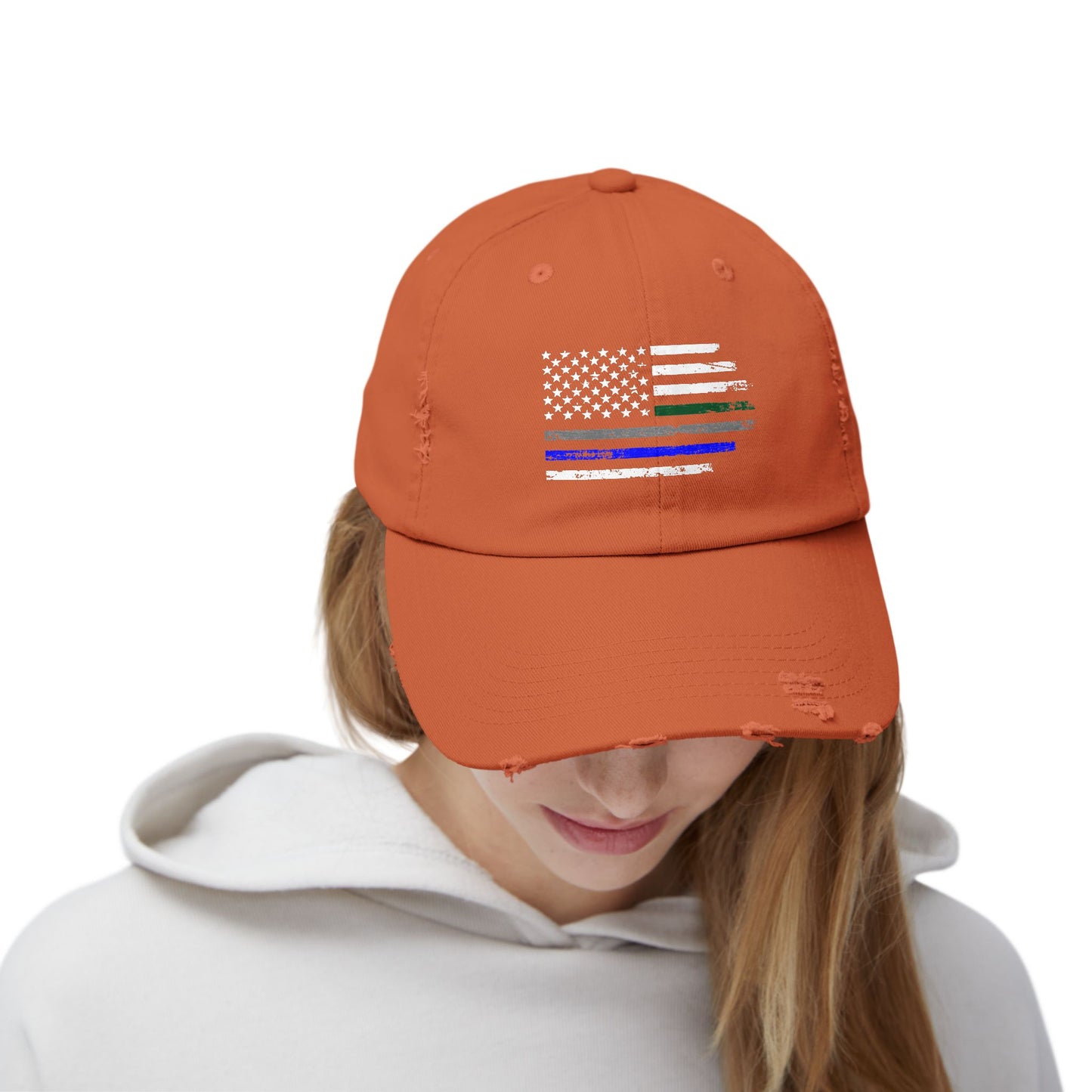 Thin Blue and Thin green Flag, Unisex Distressed Cap, Law Enforcement, Military, hat