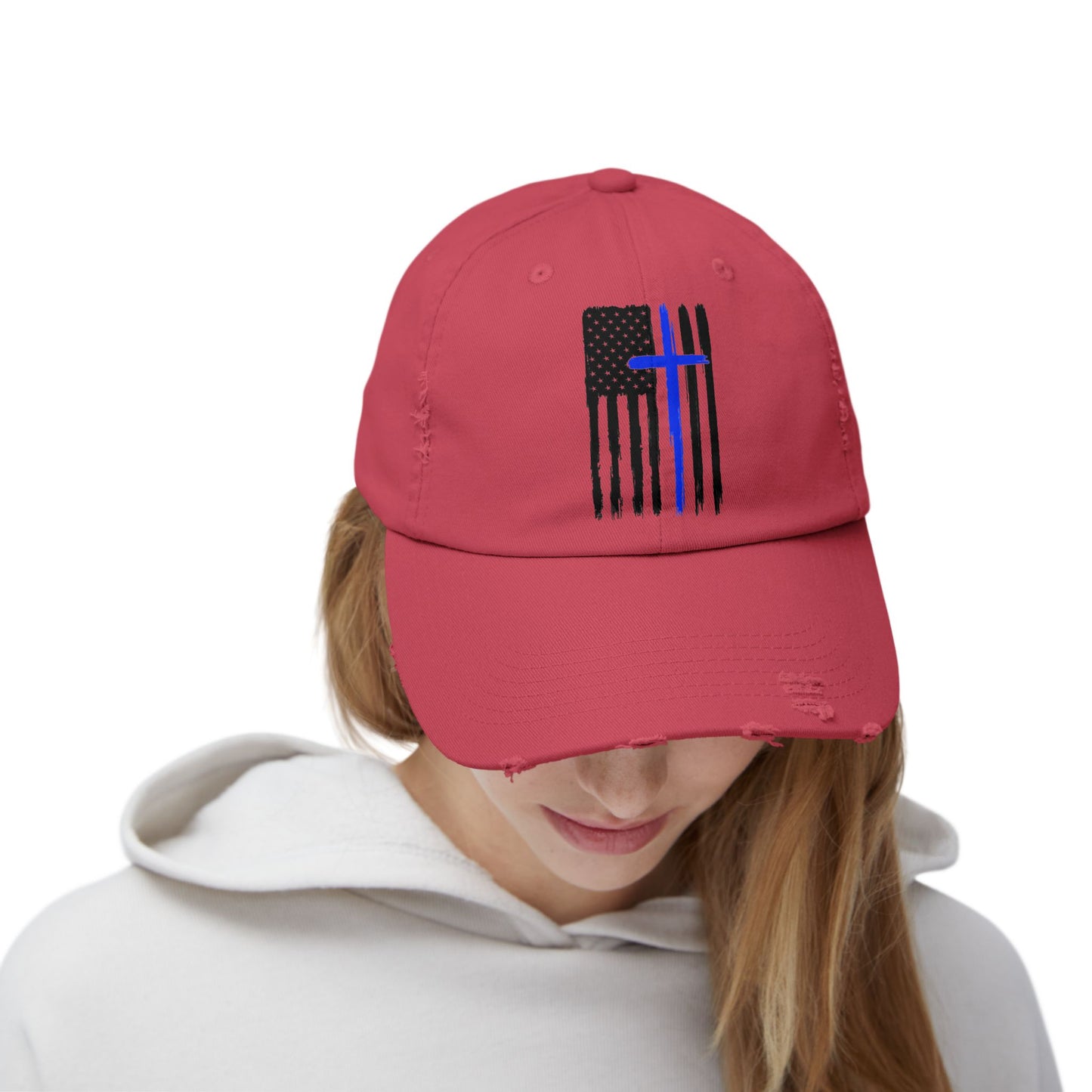 Thin Blue Line, Cross, Flag, Unisex Distressed Cap, Funny Hat, Casual Gift, Everyday Wear, Cool Accessory, Adjustable Cap