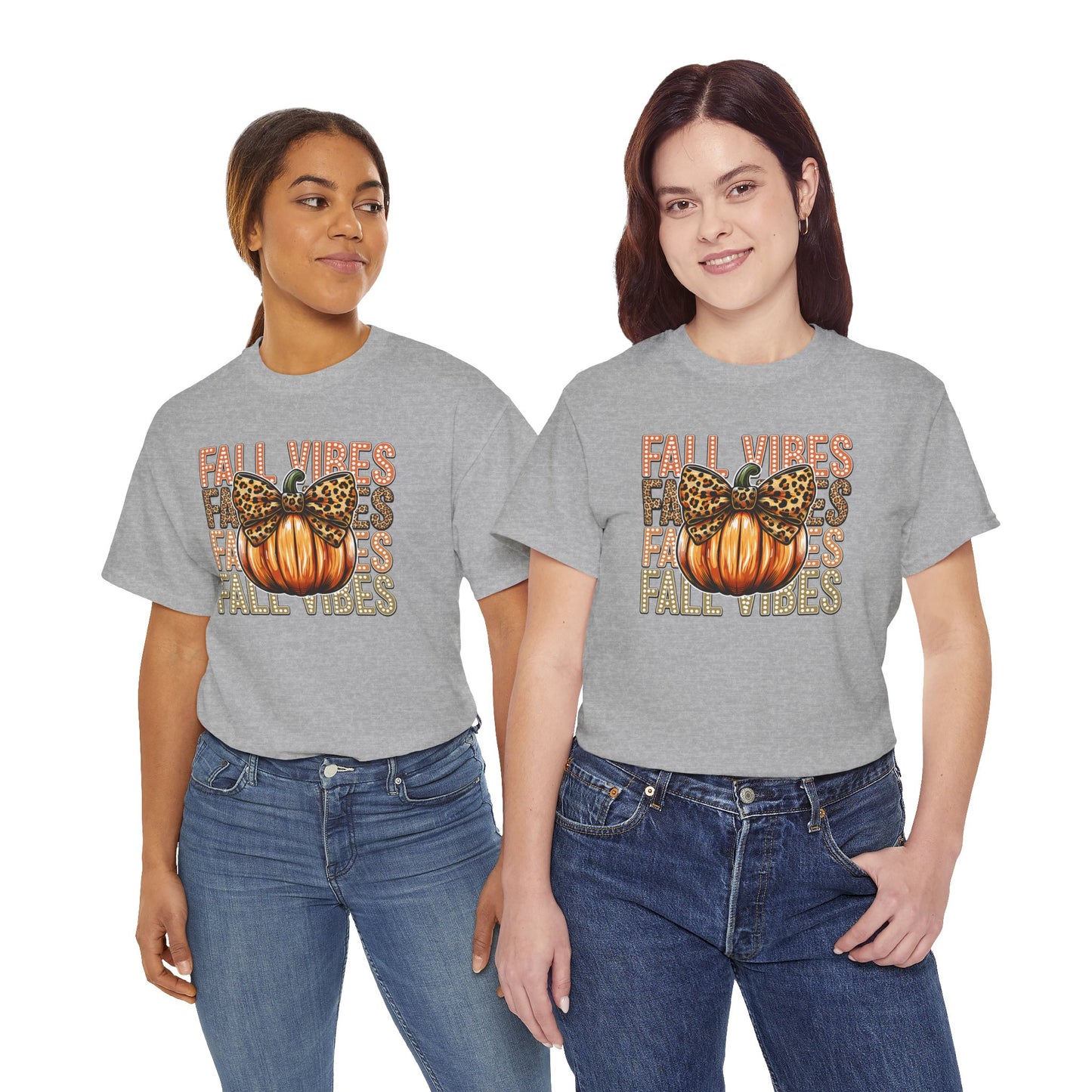 Fall Vibes Unisex Cotton Tee, Autumn Shirt, Pumpkin Graphic Tee, Halloween Apparel, Cozy Fall T-Shirt, Seasonal Outfit, leopard bow
