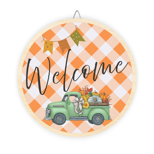 Welcome, Pickup Truck, Fall, Pumpkins, Thanksgiving Door, Decor, Sign, Wreath, Wooden Door Hanger