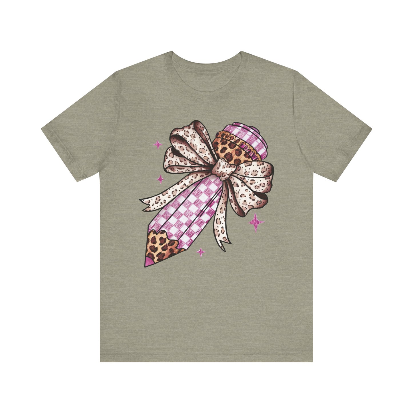 Leopard and pink checkered Bow Pencil Tee - Cute Teacher Gift, Back to School Outfit, Art Lover Shirt, Classroom Apparel, Fun Educational Shirt