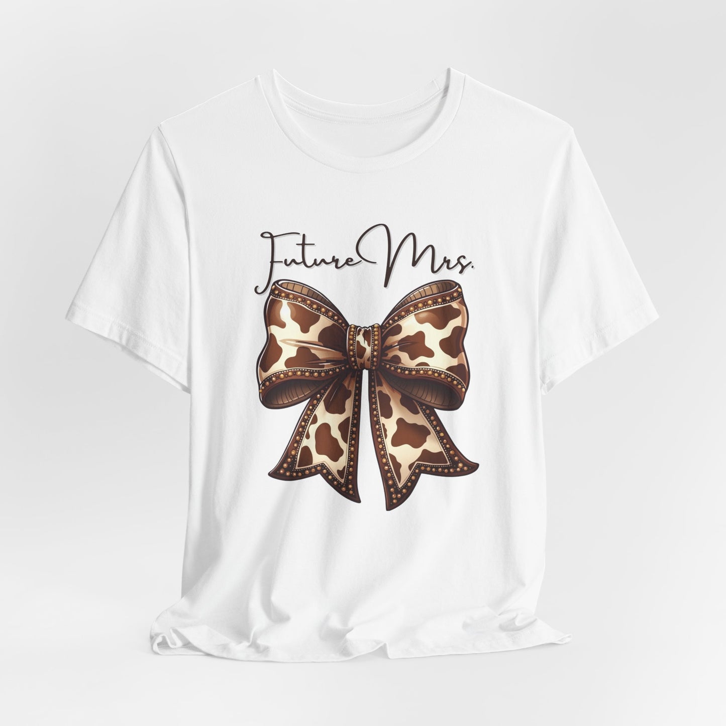 Personalized Future Mrs. Bride Cow Print Bow Short Sleeve Tee, Casual Top, Western Style Shirt, Country Chic T-Shirt, Birthday Gift, Everyday Wear