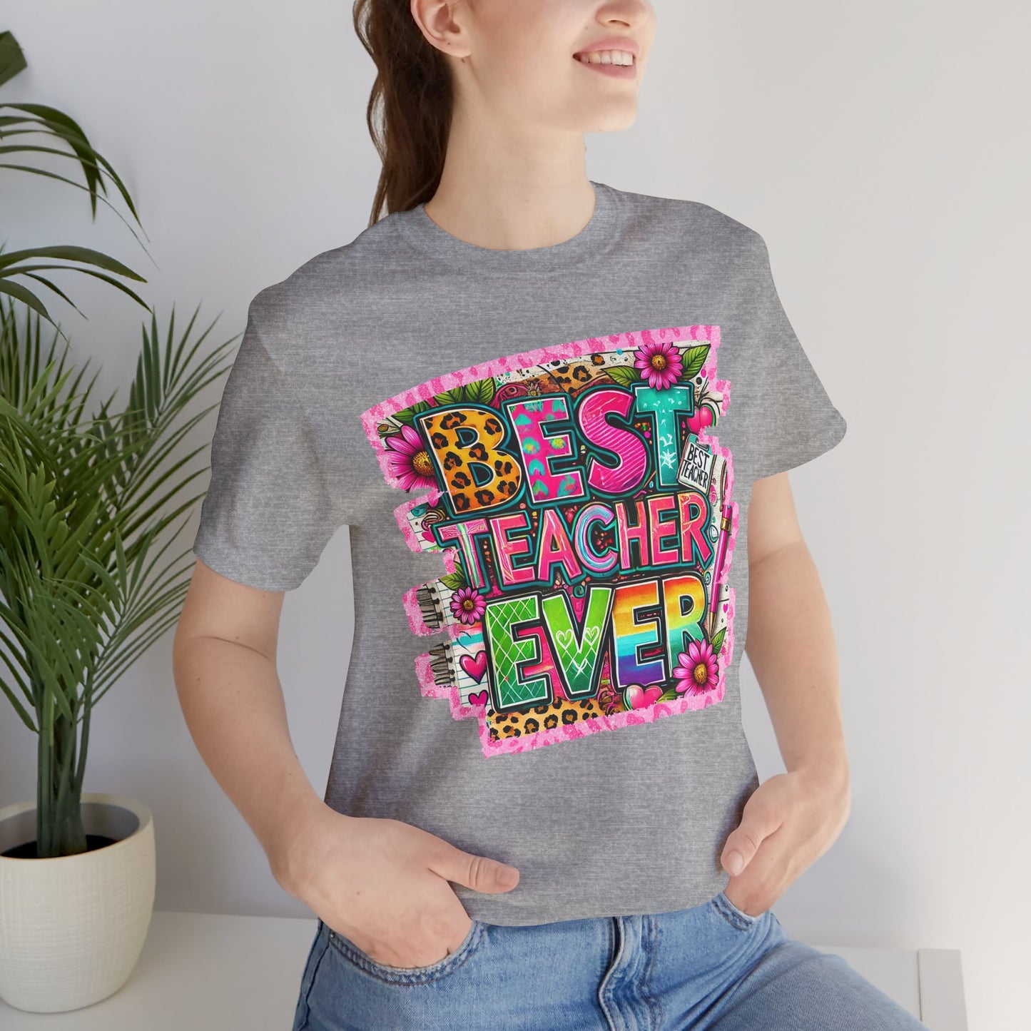Funky  Best Teacher Ever Tshirt, Unisex, Bella Canvas, Back to school, apple, animal print, neons