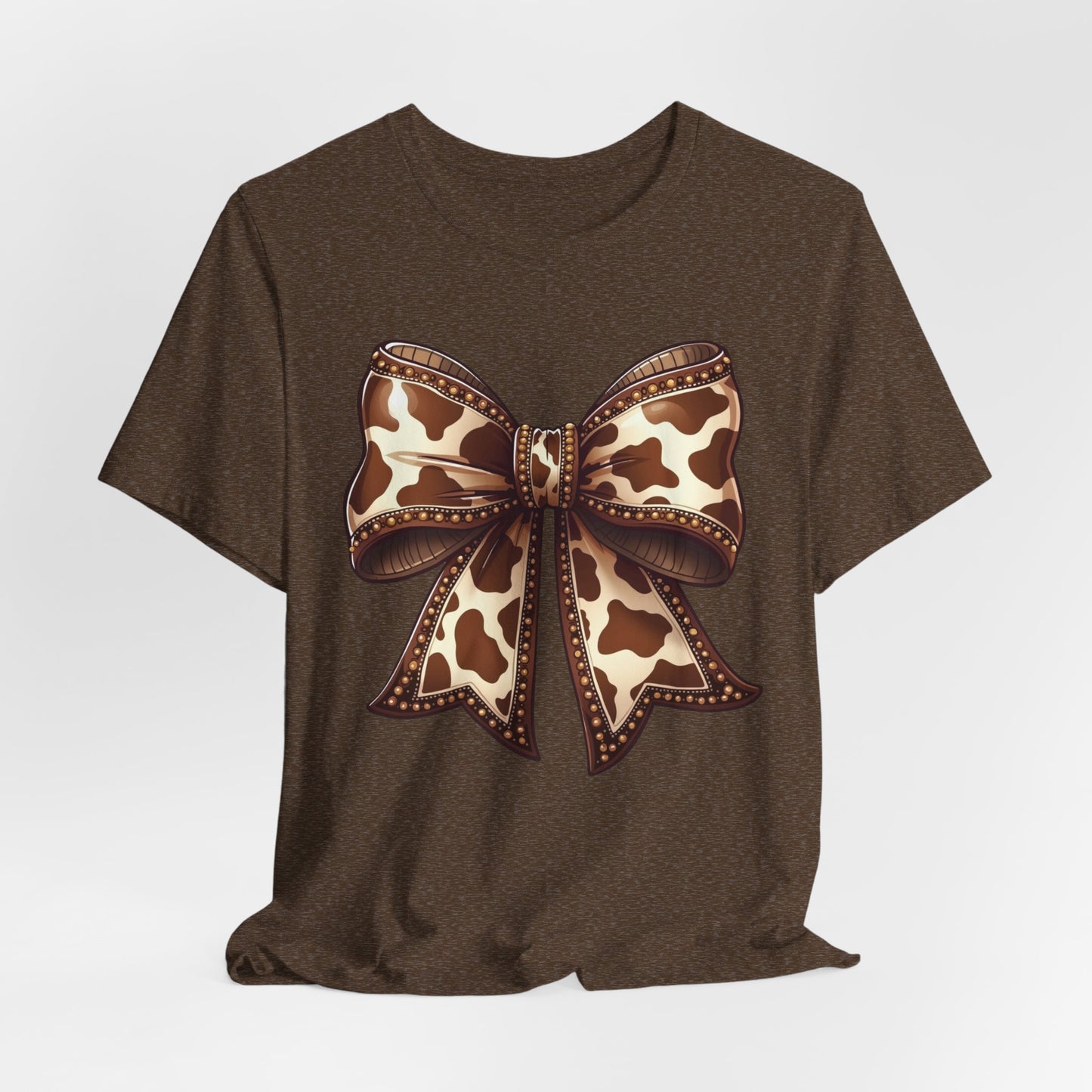 Cow Print Bow Short Sleeve Tee, Casual Top, Western Style Shirt, Country Chic T-Shirt, Birthday Gift, Everyday Wear