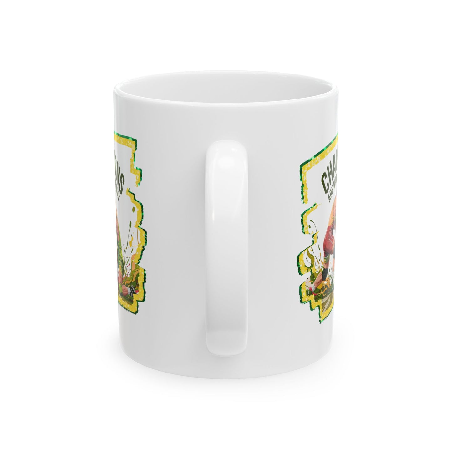 Green and Gold, Wrestling Design on a Ceramic Mug with Fun Design