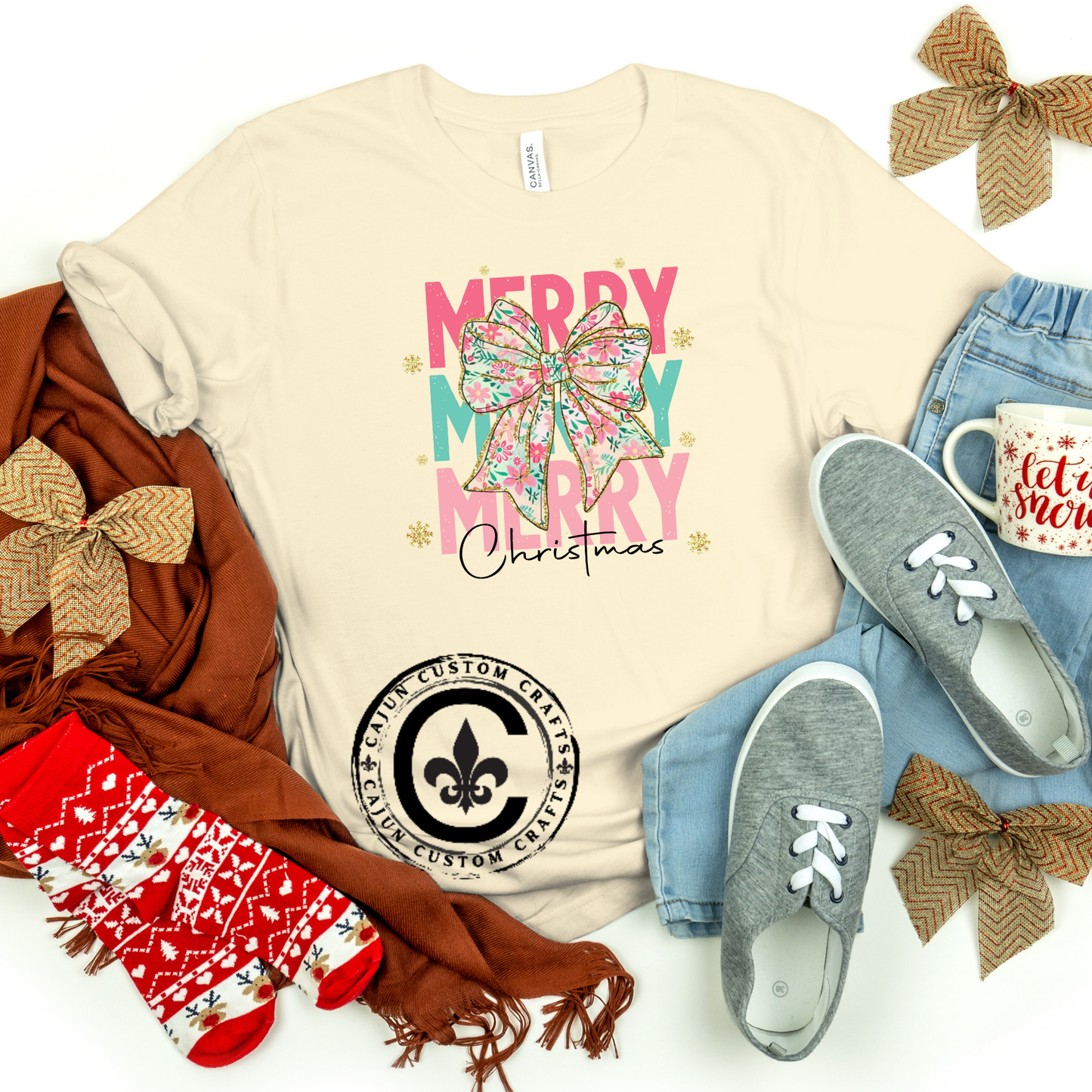Merry Christmas with a Flower Bow, Bella Canvas, Tshirt, boho