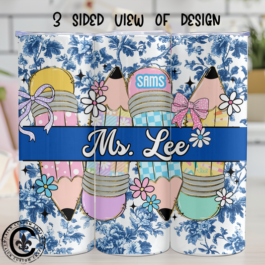Personalized, Teacher or Student 20 oz Skinny Tumbler with Pencils and blue floral