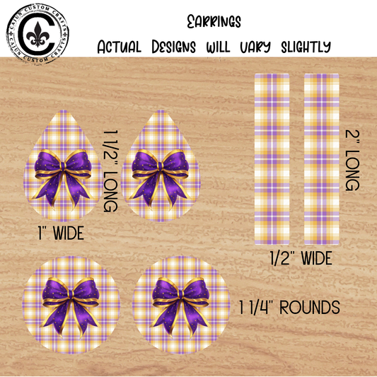 Plaid and a purple and gold coquette bow, earrings