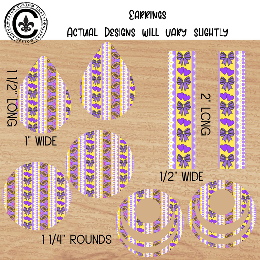 Preppy Football, Bows, Hearts, Purple and Gold pattern Earrings