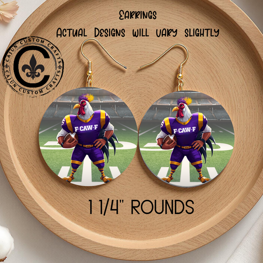 F-CAW-F Purple and Gold Football Player, Rooster, Earrings