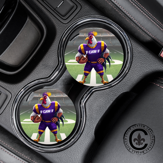 F-CAW-F Football Rooster, Purple and Gold Car Coasters