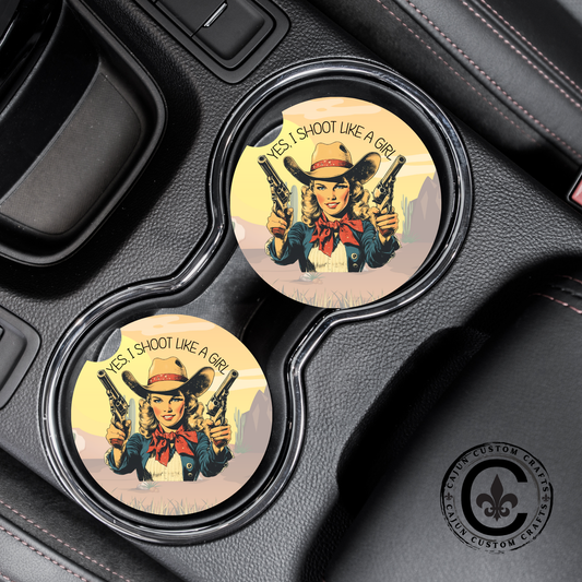 Yes, I shoot like a girl, Retro Car Coasters