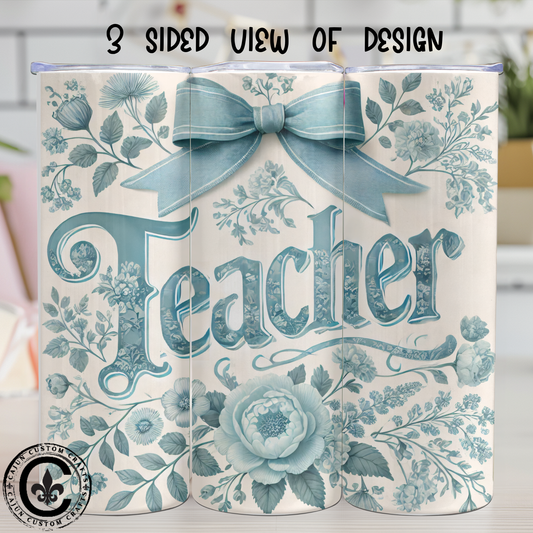 Blue, Floral, Teacher 20 ounce stainless tumbler, teacher gift, school, elegant