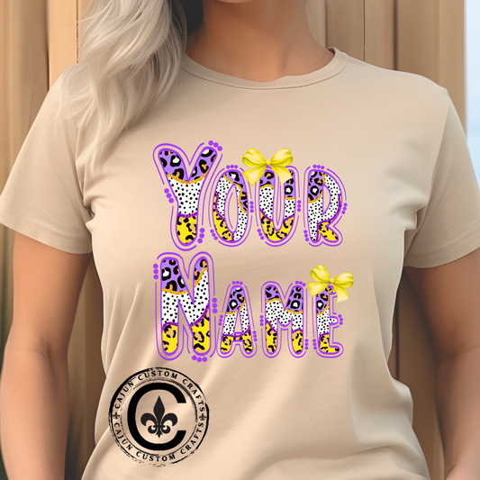 Personalized, Name, Graphic Tee, Cute Font, Purple and Gold, LSU, Tigers, Football, Baseball, Team