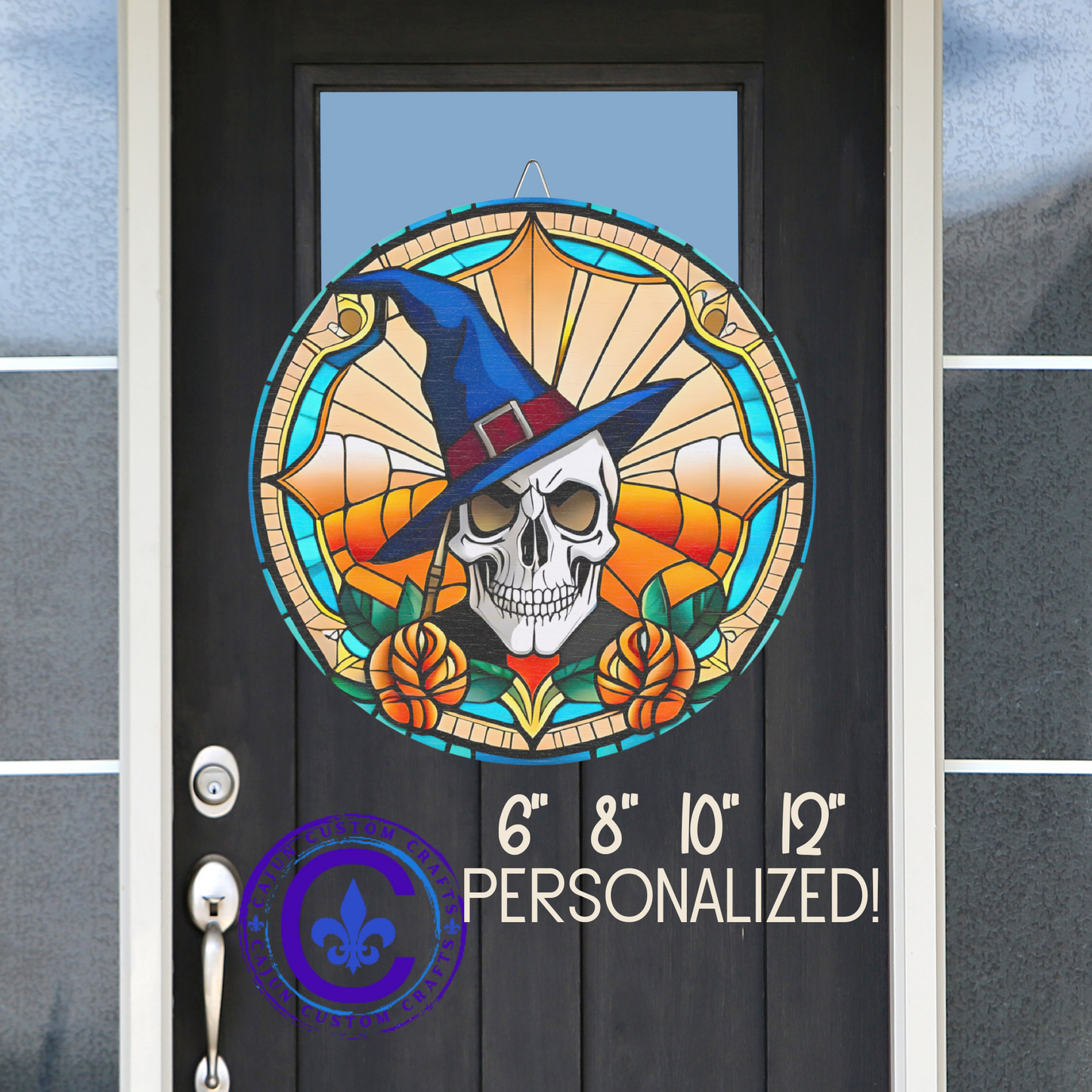 Halloween, stained glass, witch, wooden door hanger, decor, wreath, home, wicked, skull