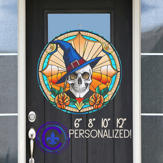 Halloween, stained glass, witch, wooden door hanger, decor, wreath, home, wicked, skull