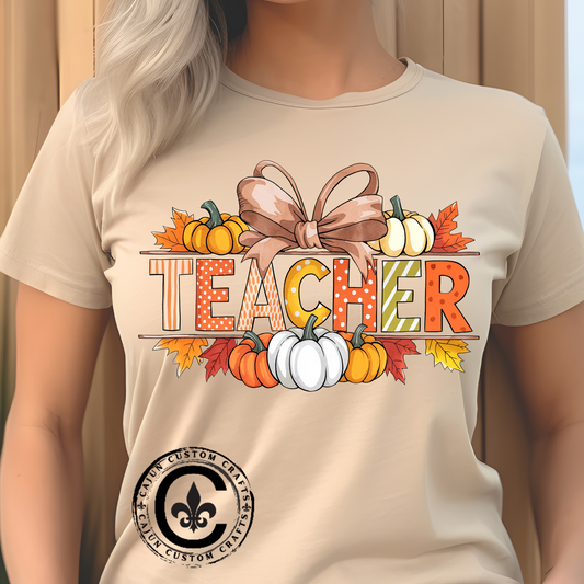 Teacher, Fall, Pumpkins, Thanksgiving, Halloween, Autumn, Ribbon, Tshirt