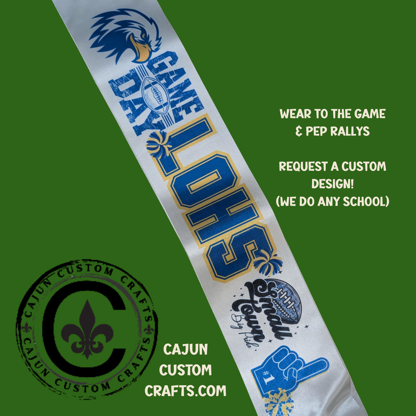 Game Day Sash, LOHS, Blue and Yellow