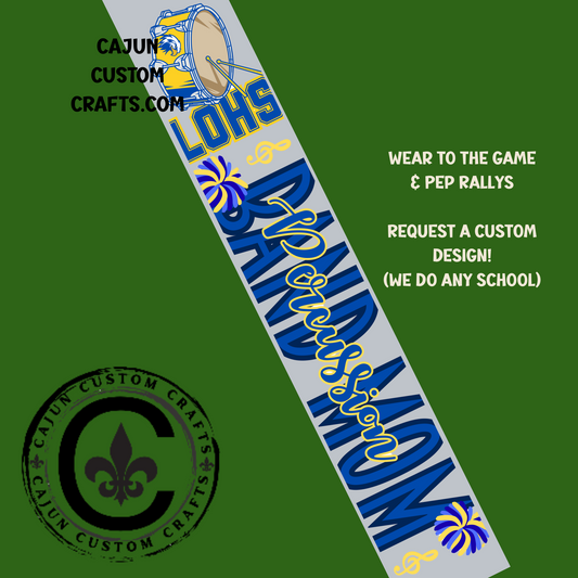 Personalized, Game Day Sash, Percussion Band Mom, Blue and Yellow