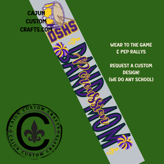 Personalized, Game Day Sash, Percussion Band Mom, Purple and Gold, DSHS