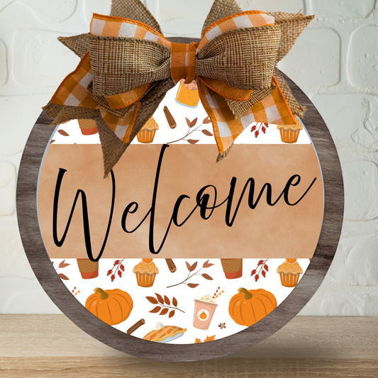 Fall, Welcome with lattes, cupcakes, Pumpkins Home Decor sign
