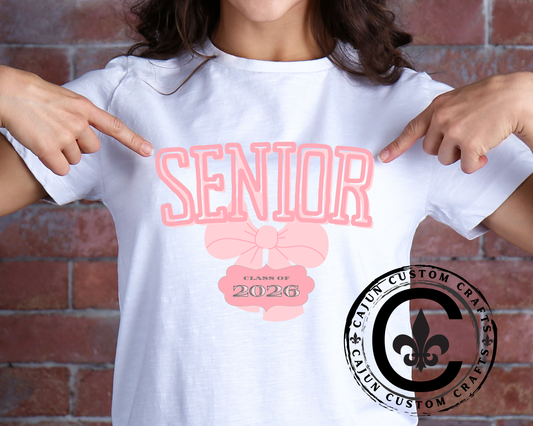Senior 2026 with a cute bow on a unisex tshirt, female high school