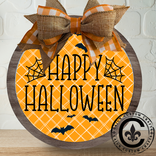 Fall, Happy Halloween with bats and cobwebs sign with a cute orange checkerboard