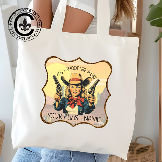 Personalized Yes, I shoot like a girl, Canvas Tote Bag
