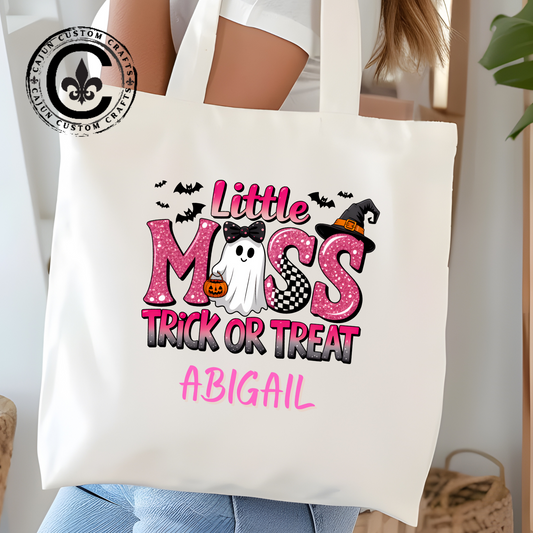 Personalized, Little Miss Trick or Treat, Girly, Glitter, Canvas Bag