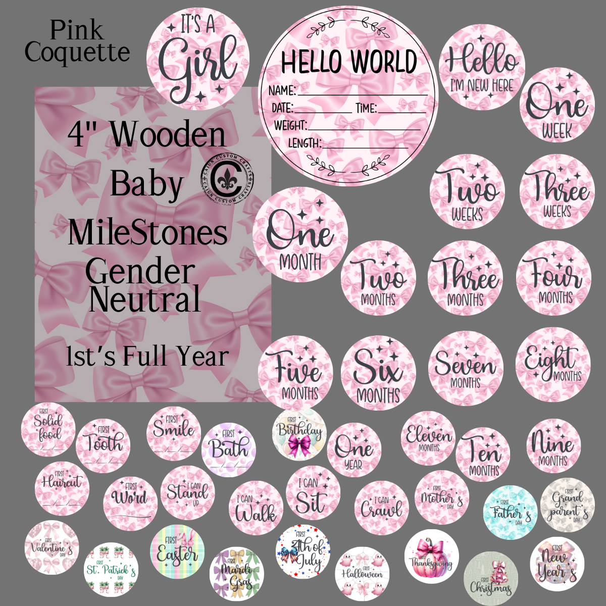 1st Years of Milestones, for Newborn, Pink Coquette Bow Theme Design, 4" wooden rounds